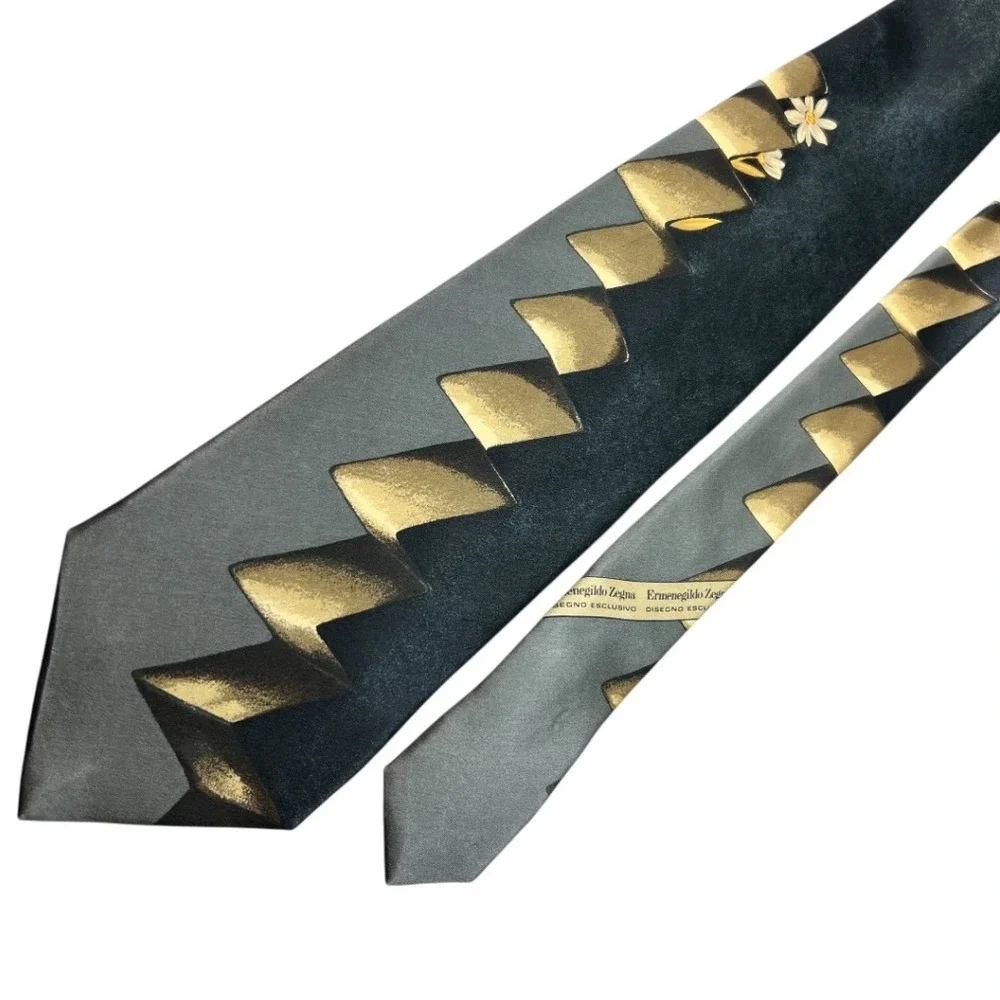 Ermenegildo‎ Zegna Silk Tie Geometric Gray Old Money Eclectic Grandpa Vtg 90's